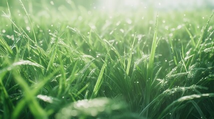 Dew-kissed grass sunrise meadow, bokeh background, nature scene