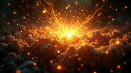 Fototapeta premium A silent explosion of golden particles frozen in space, each tiny fragment glowing with the energy of a dying star, weightless and infinite.