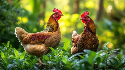 Fototapeta premium Two hens facing, lush garden, sunlight, farm animals, nature
