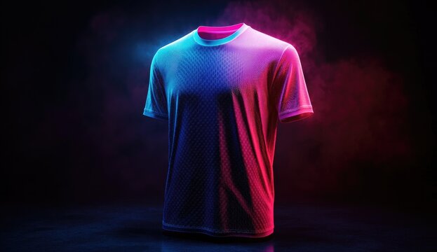 Neon sports jersey, studio lighting, smoke background, product presentation