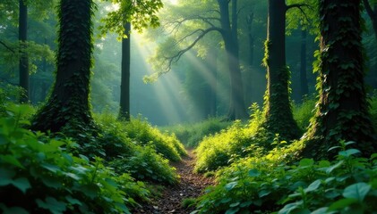 Obraz premium Dense undergrowth with tall evergreen shrubs and vines, forest, plants