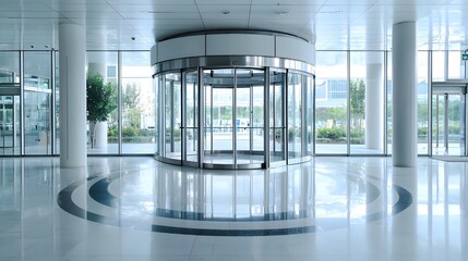 A side perspective view of a rotating automatic revolving door with polished chrome metal framing in the entrance hall or lobby of a modern commercial office building or corporate headquarters