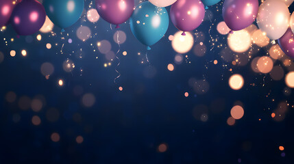A mesmerizing night-time celebration background with glowing fairy lights interwoven with deep blue and purple balloons. Metallic confetti floats gently, reflecting the warm light, adding a magical