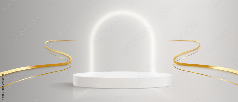 Poster white podium with gold line and glowing neon arch on gray background. elegant display platform with 