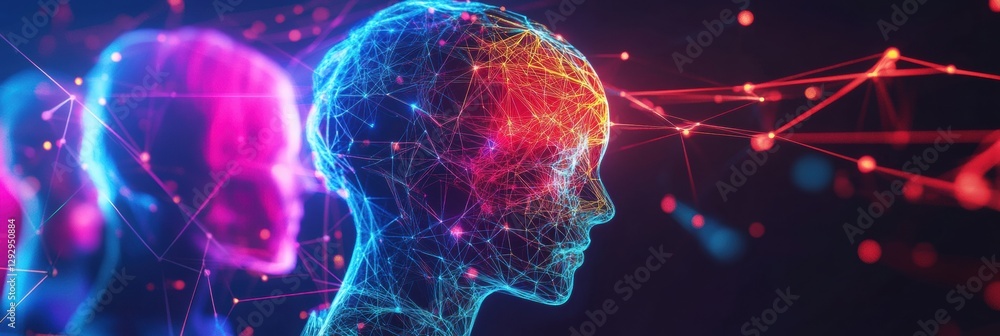 Poster colorful 3d avatars connected by glowing lines illustrating digital social interactions and virtual 