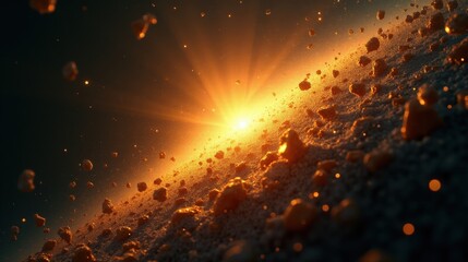 A silent explosion of golden particles frozen in space, each tiny fragment glowing with the energy of a dying star, weightless and infinite.