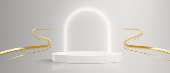 White podium with gold line and glowing neon arch on gray background. Elegant display platform with flowing metallic ribbons. Minimalist presentation stage for luxury product or cosmetic showcase.