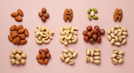Variety of nuts on pink background, almonds cashews hazelnuts pistachios walnuts