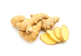 Fresh ginger root on white background