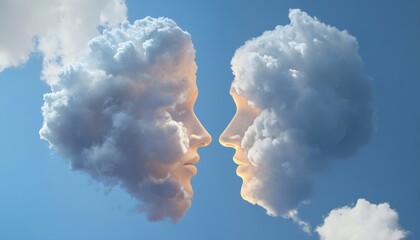 Cloud embrace overlapping male and female symbols in a blue sky conceptual art dreamy atmosphere surreal viewpoint