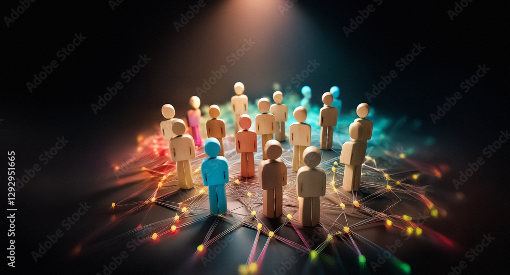 Poster a group of figurines stand on an illuminated network, symbolizing connection and community in a dark