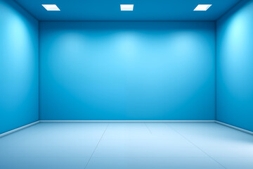 Spacious blue room with modern lighting and clean surfaces, perfect for creative spaces.