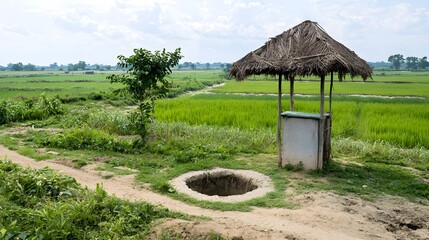 A traditional pit latrine with a thatched roof nestled in a lush verdant rural farming community setting  The simple primitive structure blends seamlessly into the surrounding agricultural landscape