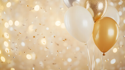 A golden-hued celebration scene with elegant balloons in shades of gold, silver, and white floating gracefully. Tiny shimmering confetti pieces sparkle as they cascade down, creating a luxurious and