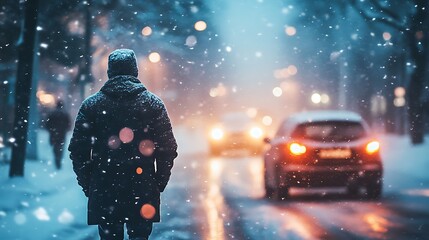 A man walks down a snowy street near traffic on a winter night