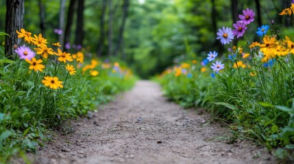 Obraz premium Colorful Wildflowers Line a Forest Path. Possible use Nature Background