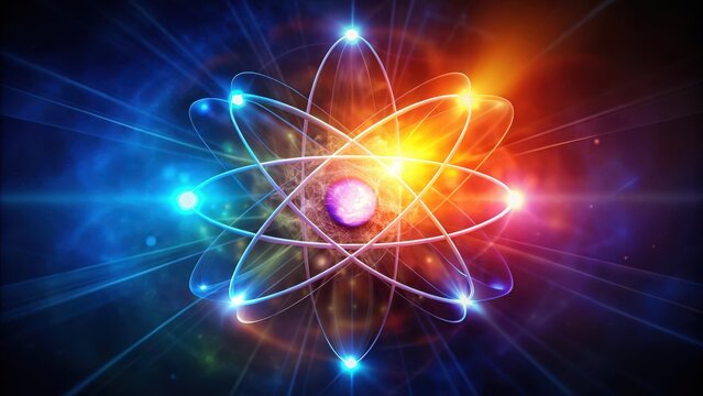 A tiny, glowing atom with its nucleus at center and swirling electron cloud in vibrant colors, set against a dark background for dramatic effect , electron cloud, atomic structure