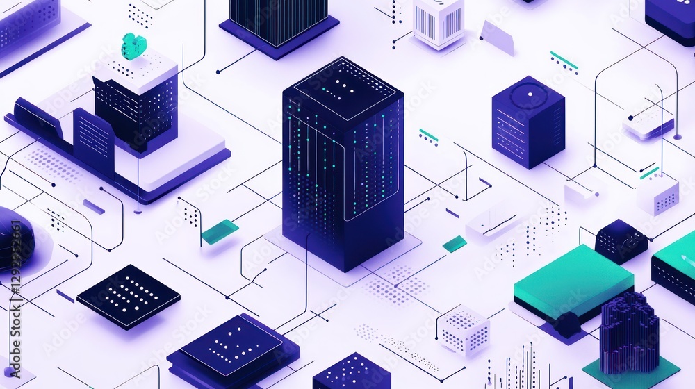 Aufkleber futuristic isometric network of interconnected data server components, showing servers, storage, and