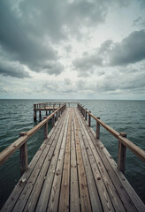 Fototapeta premium Lonely pier extending into dramatic sea under stormy clouds, isolation