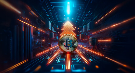 Futuristic digital currency concept. A Bitcoin symbol glows amidst a high-tech circuit board tunnel with vibrant blue and orange neon lines, conveying innovation and progress.