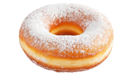 A classic round donut with a hole in the center, covered in powdered sugar, isolated on a transparent background