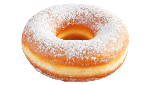 A classic round donut with a hole in the center, covered in powdered sugar, isolated on a transparent background