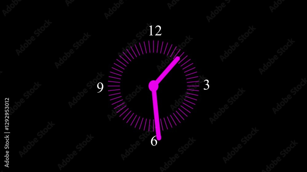 Poster video animation of a purple color analog clock icon with moving arrows in seamless 12 hour loop on b