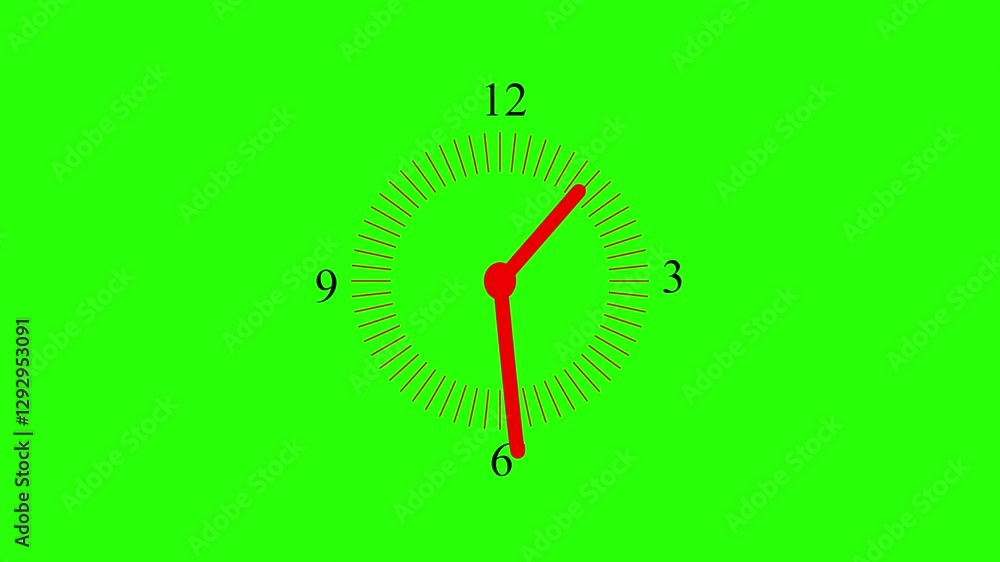 Poster video animation of a analog clock icon with moving arrows in seamless 12 hour loop on green backgrou