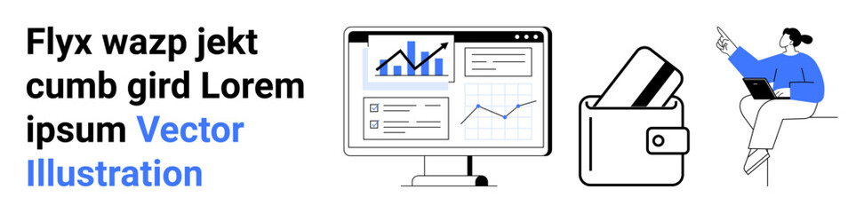 Data analytics on desktop screen, credit cards in wallet, and individual working on a laptop. Ideal for business strategy, digital payments, data analysis, remote work, financial technology, virtual