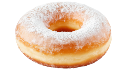 A classic round donut with a hole in the center, covered in powdered sugar, isolated on a transparent background