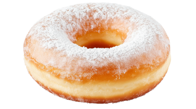 A classic round donut with a hole in the center, covered in powdered sugar, isolated on a transparent background