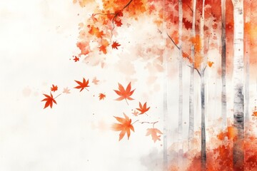 Fototapeta premium A whimsical watercolor depiction of an enchanted autumn forest, with floating leaves and glowing elements painted in soft, warm tones