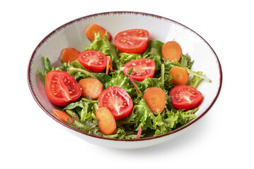 Bowl with fresh vegetable salad on white background