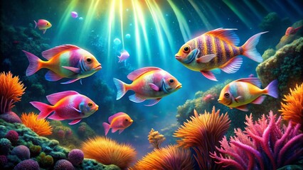Obraz premium Vibrant Reef Inhabitants Swimming in Sunlit Waters, a Colorful Underwater Scene Depicting Aquatic Life