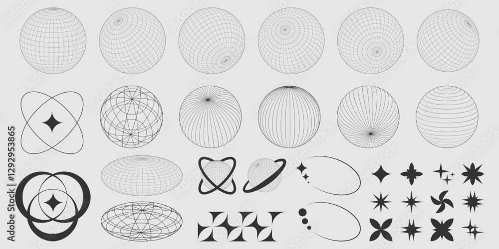 Poster collection of vector globe shapes and 90s style retro graphic elements - stars and circles, planets 