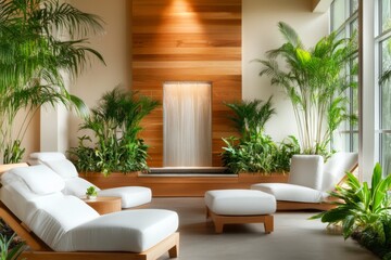 A yoga and relaxation room in a spa, featuring a calming fountain and soft ambient lighting