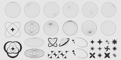 Collection of vector globe shapes and 90s style retro graphic elements - stars and circles, planets and spheres. Assets for futuristic y2k designs or abstract geometric backgrounds and patterns.