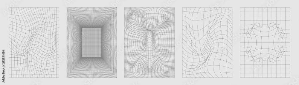 Poster y2k distorted grid backgrounds with wave, tunnel and abstract pattern effects. minimalist line compo