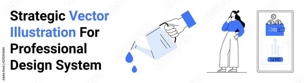 Poster hand dropping paper with water drops, person thinking, mobile interface with send button. ideal for 