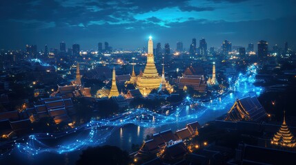 Obraz premium Aerial view of Bangkok at night, temples and city skyline with glowing lines.