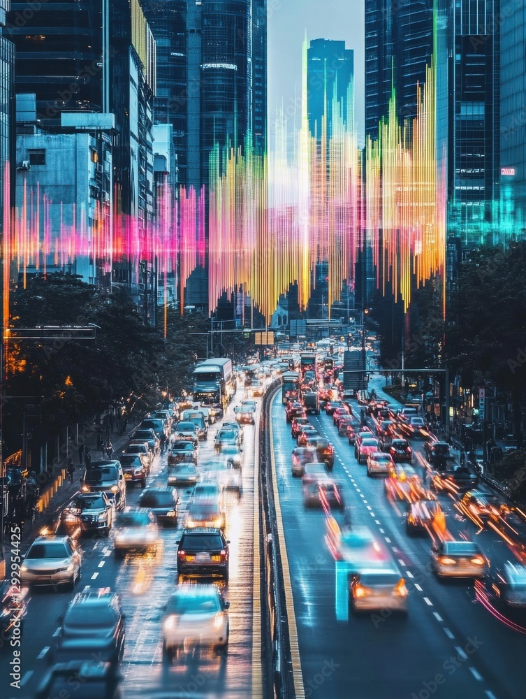 Aufkleber Urban roadway filled with traffic while sound waves are visually represented in an abstract color palette above. Generative AI