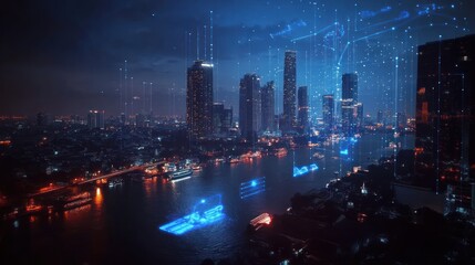 Futuristic cityscape at night with digital overlays. River and skyscrapers are prominent features.