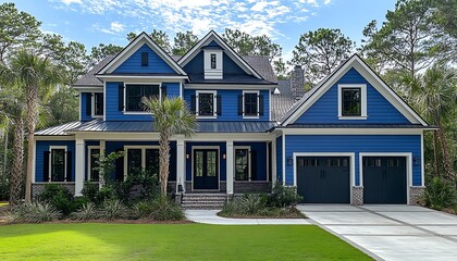 Blue coastal home, landscaped yard