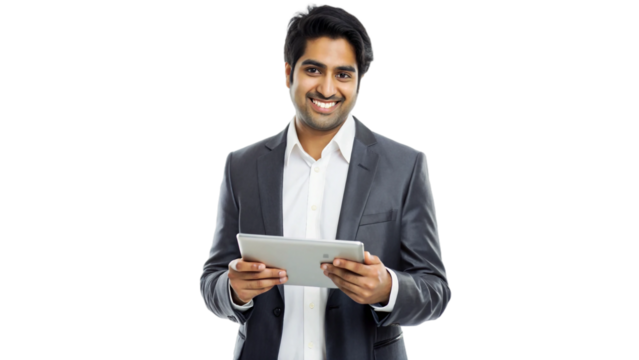 A smiling young Indian handsome businessman radiating confidence and professionalism. He is dressed impeccably in a sleek grey blazer, symbolizing elegance and authority, while holding a tablet