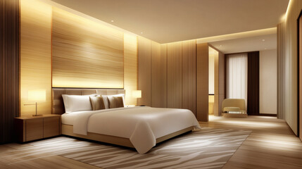 Modern bedroom with elegant lighting and wooden accents