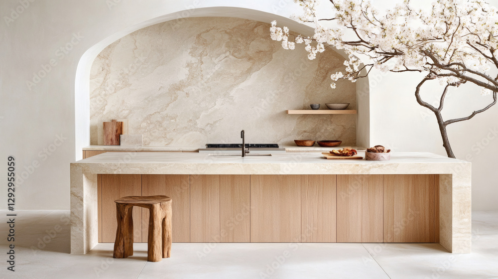Poster modern kitchen with minimalist design and decorative tree branch in the background