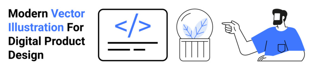 Conceptual digital design featuring a code window, lightbulb with plant symbol, and man pointing. Ideal for web development, programming, creativity, innovation, technology, team collaboration