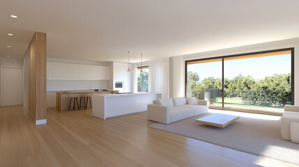 Bright modern living room with large windows and minimalist decor