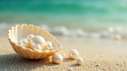 Seashell Treasure Lustrous Pearls on a Sandy Shore, Glistening in the Sun's Gentle Embrace
