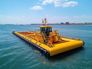 A yellow barge with a small tugboat on top floats on calm blue water, a city skyline visible in the background under a bright sunny sky.